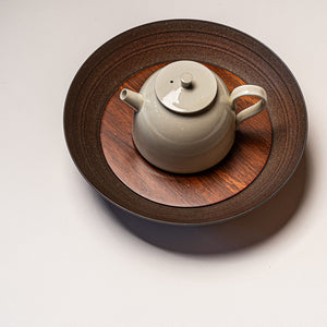 Stylish-Ceramic-Teapot-In-Light-Clay-With-Blackened-Antique-Copper-Glazed-Tea-Tray-With-Wooden-Insert