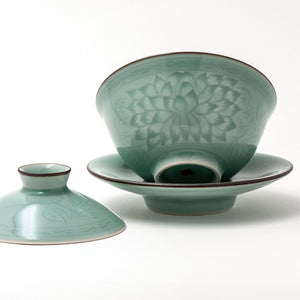 Gaiwan Longquan Celadon Porcelain With Water Lily Glaze Design Detail