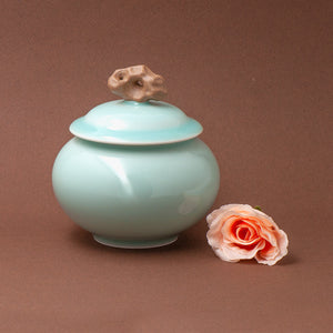 Jingdezhen Tea Storage Jar with Taihu Stone Sculpted finial in Translucent Sky Blue Glaze