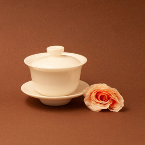 Translucent Blanc De Chine Gaiwan In Dehua Ivory Porcelain Side View