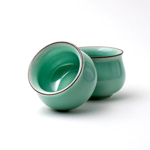 Tea Cups Longquan Celadon Porcelain In Smoky Blue Glaze Pot Belly Design