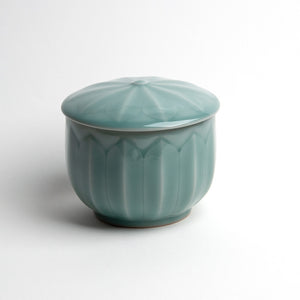 Celadon Porcelain Tea Storage Jar In Translucent Smoky Blue Glaze With Bas-Relief Lotus Design Grand Size