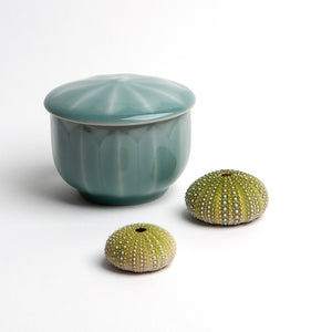Celadon Porcelain Tea Storage Jar In Translucent Smoky Blue Glaze With Bas-Relief Lotus Design Petite Size
